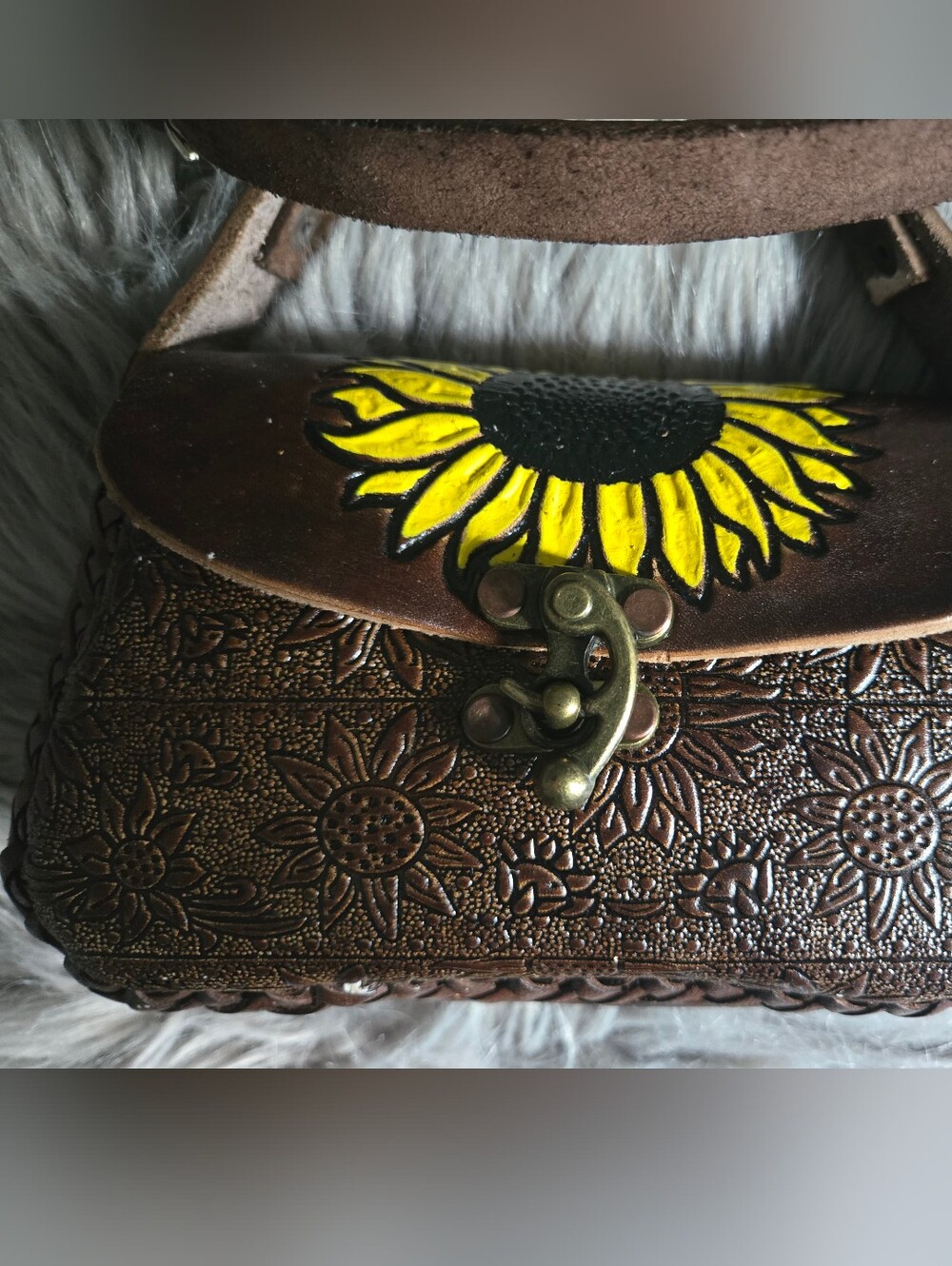 Hand Crafted Brown Leather Crossbody Bag with Yellow Sunflower Accent